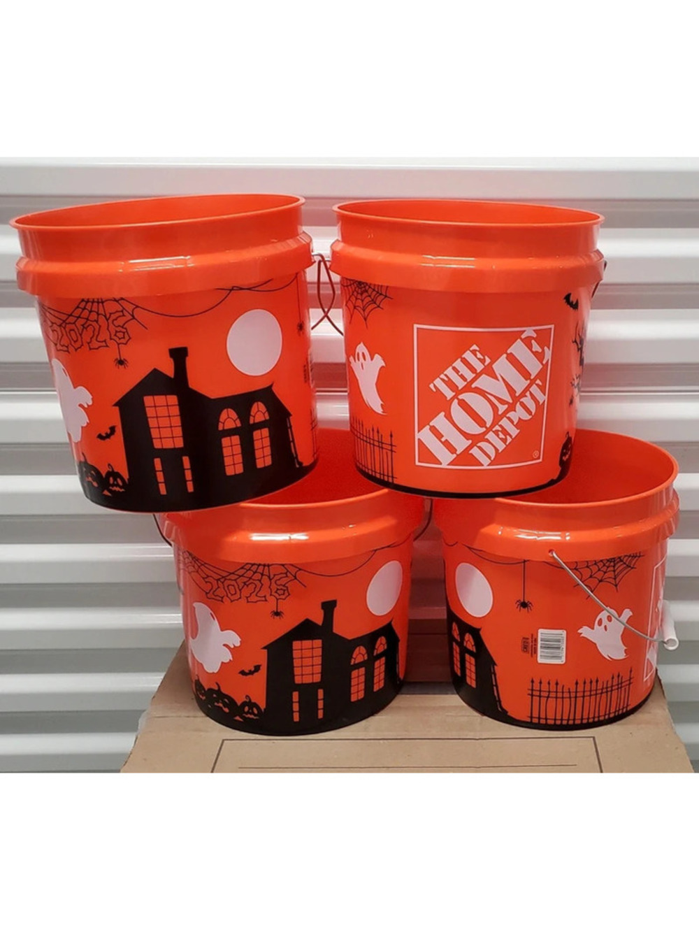 Lot of 4 Home Depot Halloween 2026 Orange Plastic Bucket Jack O Lantern Haunted